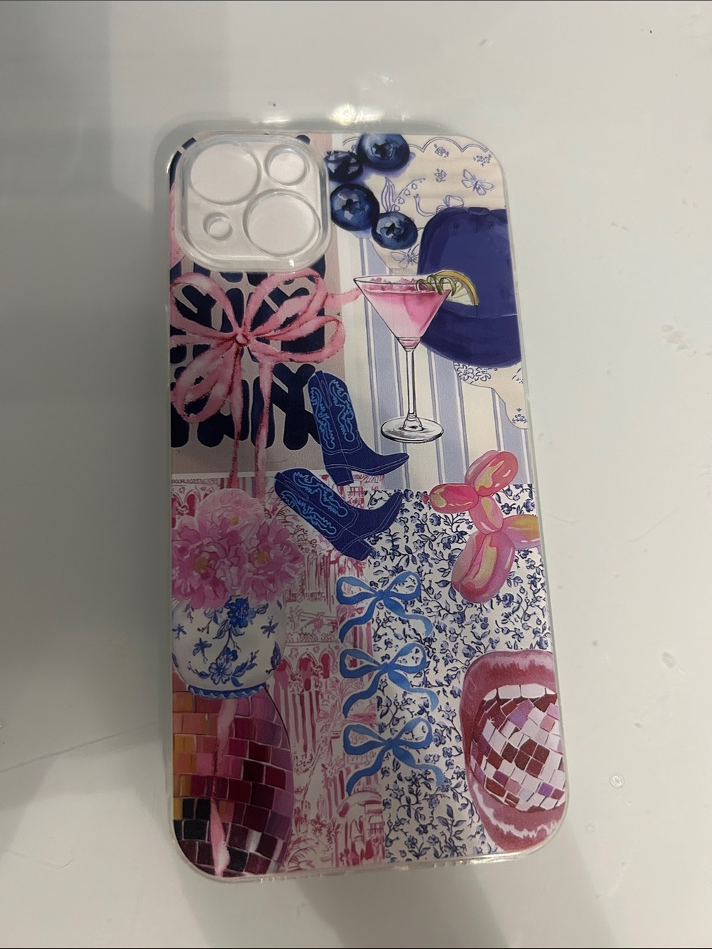 iPhone 14 Plus Decorative Pink & Blue Illustrated iPhone Case